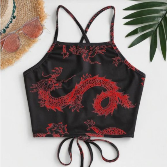 Zaful Tops - Dragon Print Oriental Lace Up Crop Camisole